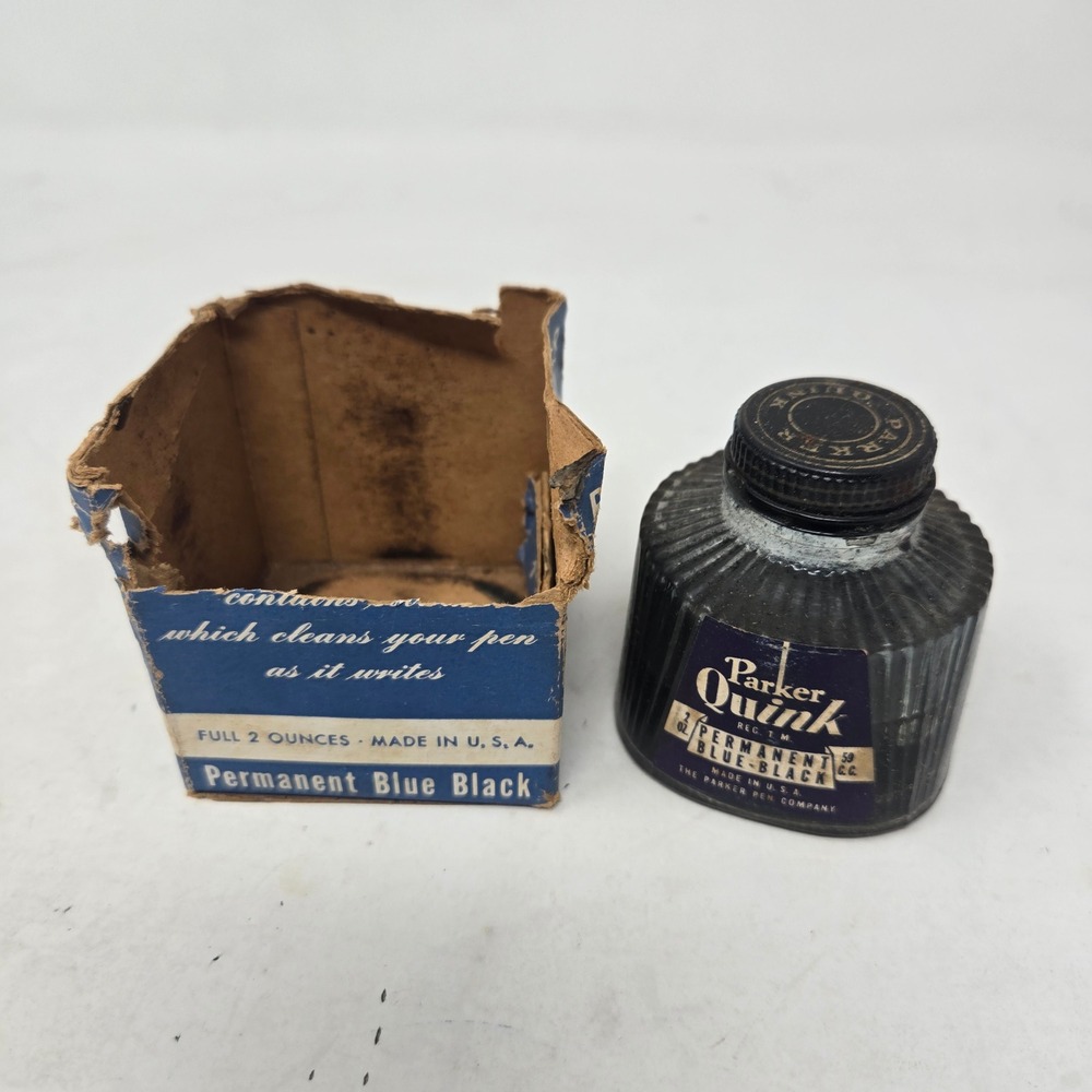 Vintage Parker Quink Permanent Blue Black Ink‎ Bottle with Box 2oz 1/2 full